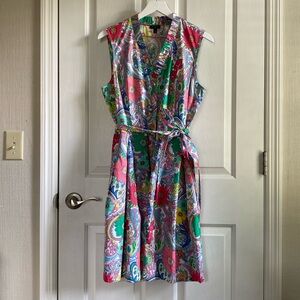 Talbots Colorful Retro Floral Print A-line Sleeveless Dress w/belt and pockets.